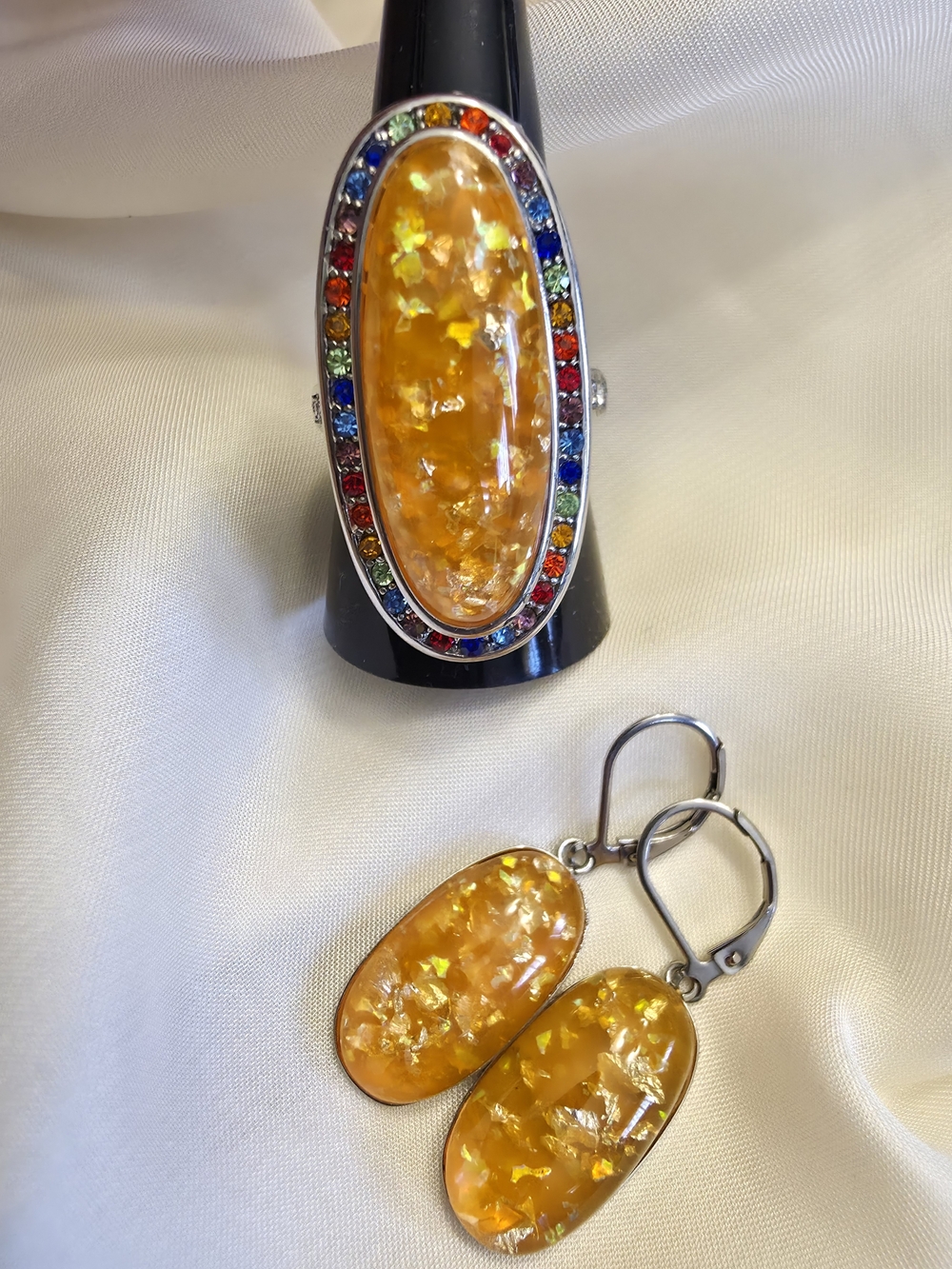 Lab Created Orange Opal, Multi Colored Austrian Crystal Halo Ring And Earrings